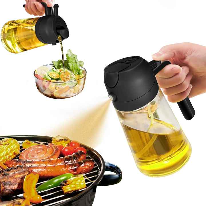 Bouteille d’huile en verre 2 en 1 – pulvérisateur & distributeur (600ml)