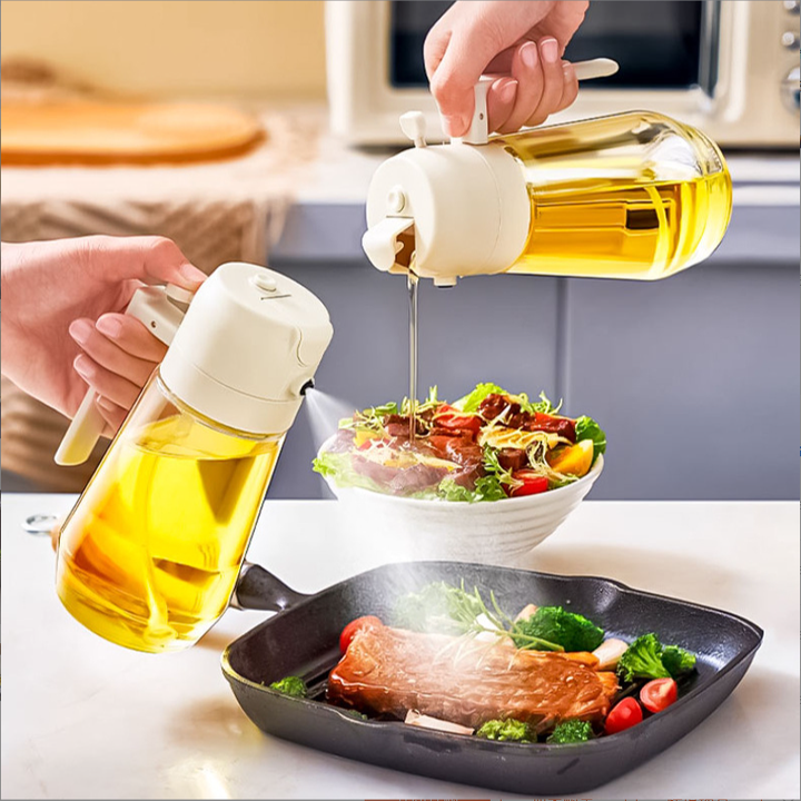 Bouteille d’huile en verre 2 en 1 – pulvérisateur & distributeur (600ml)